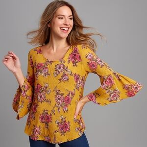 Bobeau Mustard Yellow Floral Bell Sleeve Split Neck Blouse Top Women’s L Cottage
